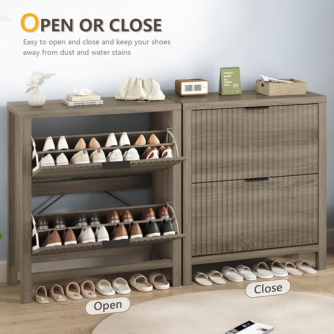 Fluted Shoe Cabinet Storage with 2 Flip Drawers for Entryway, Hallway | Narrow Shoe Rack Freestanding Shoe Organizer with Legs for Entryway，Hallway, Grey