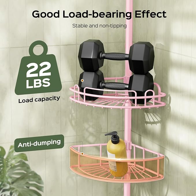 HAMITOR Corner Shower Caddy Tension Pole: 4-Tier Rust-Resistant Adjustable Bathroom Organizer Shelves - 47.72-123.6 Inch No-Drill Quick Installation - Space-Saving Storage for Renters Family - Pink