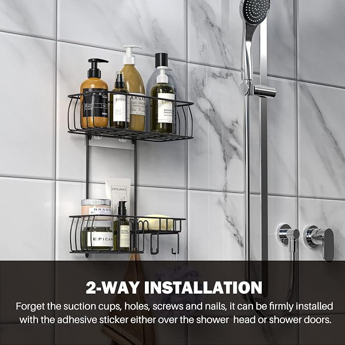 Epicano Shower Caddy Hanging,Large Capacity Shower Organizer,Black | Rustproof,Built-in Soap Dish & 4 Hooks for Loofahs,Suction & Adhesive Install,No Drilling Bathroom Shelves for Inside Shower