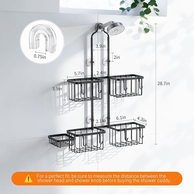 Luxspire Shower Caddy Hanging Overhead, Shower Organizer Hanging, Black | No Drilling Required, Height-Adjustable, Thickened Rustproof Stainless Steel, Heavy-Duty, Include 8 Hooks And Soap Holder