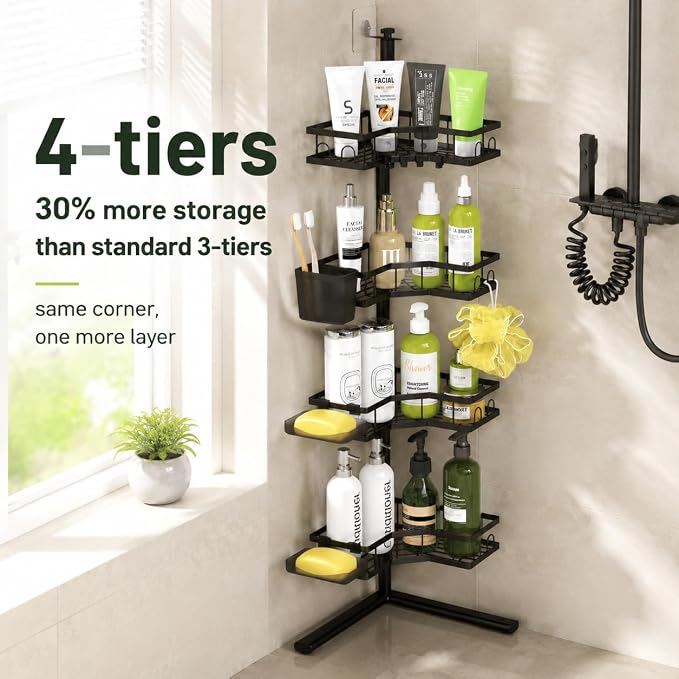 Standing Corner Shower Caddy - 4-Tier Rustproof Adjustable Shower Shelves | Floor Standing Shower Organizer Rack, No Drill Corner Shower Shelf for Bathroom, Apartments and Renters