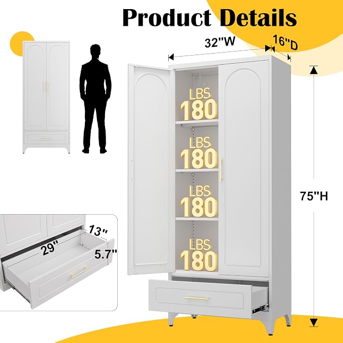 SteeLoong 75”Kitchen Pantry Cabinet, Metal Storage Cabinet with Drawer | White Pantry Cabinets for Kitchen Storage with 3 Adjustable Shelves,Tall Freestanding Cupboard for Living Room,Kitchen,Garage