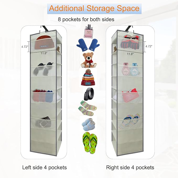 Large-Sized Hanging Shoe Organizer 10-Shelf, Sturdy Hanging Closet Organizer with 8 Side Pockets, Wider Hanging Shelves for Storage Shoes Clothes Jeans Shirts Toys, Beige