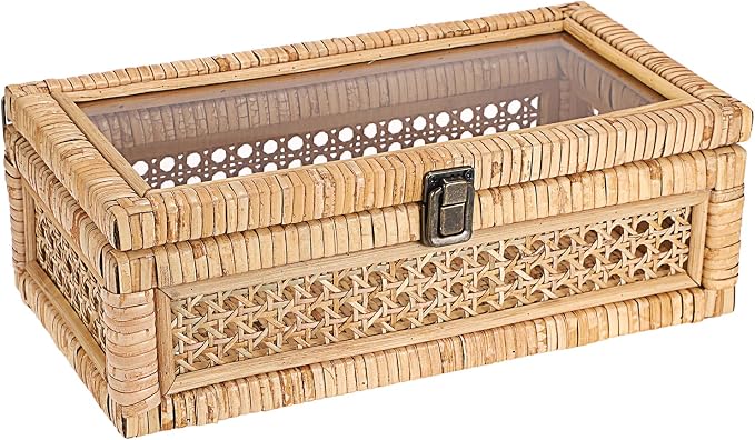 Hipiwe Rattan Decorative Box with Clear Lid and Lock - Woven Wicker Basket | Natural Rectangular Basket Organizer Bin, Vintage Wood and Cane Display Boxes for Shelves Home Storage and Decor