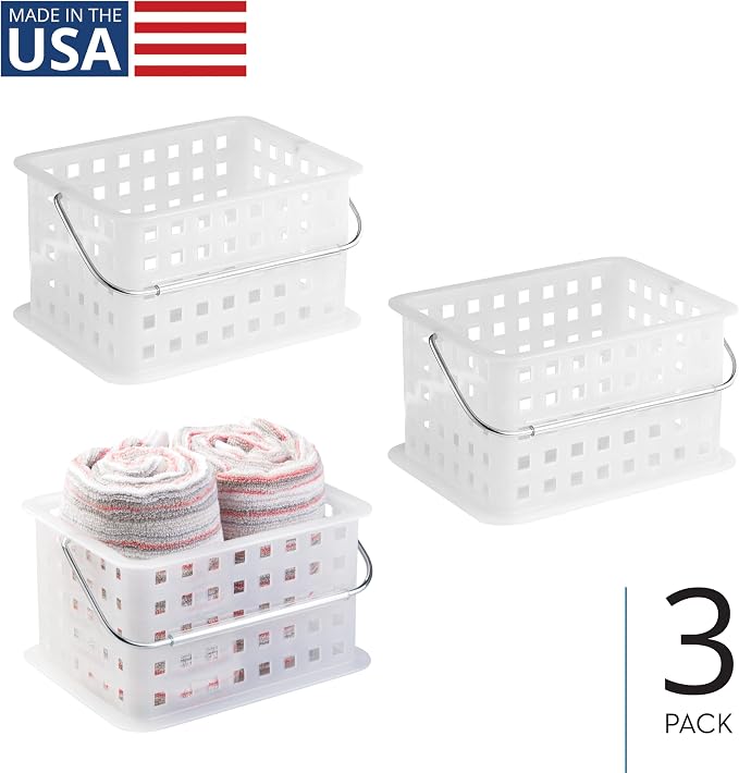 iDesign Portable Shower Caddy Basket with Handle, Set of 3, Frost | For Dorm or Bathroom, Made in USA