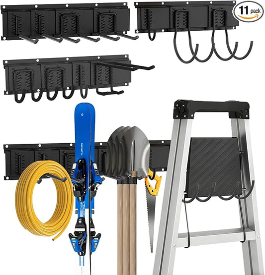 Garage Tool Organizer Wall Mount, Easy to 64inch Install Heavy-Duty Garage Storage System with 11 Adjustable Hooks, Garden Tool Rack for Shovels, Rakes, Yard Tools
