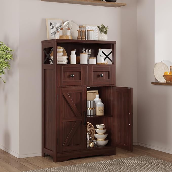 Farmhouse Accent Storage Cabinet with Drawers, Small Kitchen Pantry Cabinet | Coffee Bar Cabinet Cupboard, 2 Storage Drawers, 2 Barn Doors & Adjustable Shelves, for Kitchen/Entryway/Living Room/Bathroom