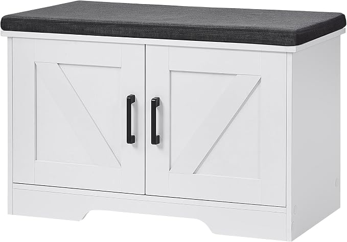 HOMSHO Farmhouse Shoe Storage Bench with 2 Barn Doors & Padded Seat Cushion | 27.6" Wide Entryway Bench with Adjustable Shelves & Hidden Storage, White