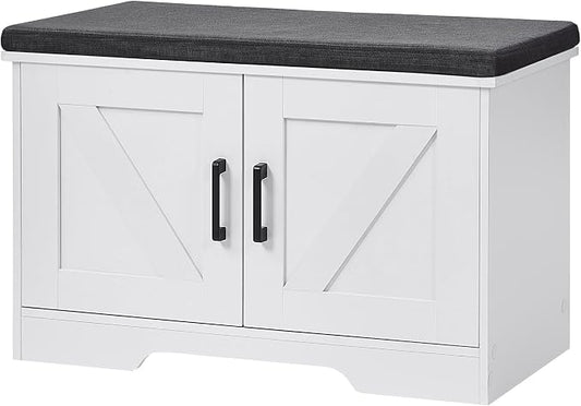 HOMSHO Farmhouse Shoe Storage Bench with 2 Barn Doors & Padded Seat Cushion | 27.6" Wide Entryway Bench with Adjustable Shelves & Hidden Storage, White