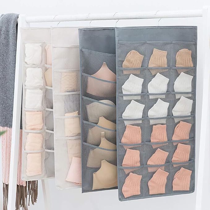 Closet Hanging Organizer with Mesh Pockets & Rotating Metal Hanger,Dual Sided Wall Shelf Wardrobe Storage Bags,Oxford Cloth Space Saver Bag for Bra Underwear Underpants Socks (gray)