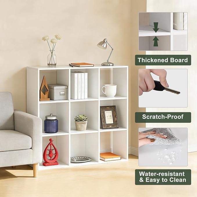 9 Cube Storage Organizer, Reversible Bookcase Shelf | Open Cube Bookshelf, Large Modern Storage for Living Room, Bedroom & Office, White