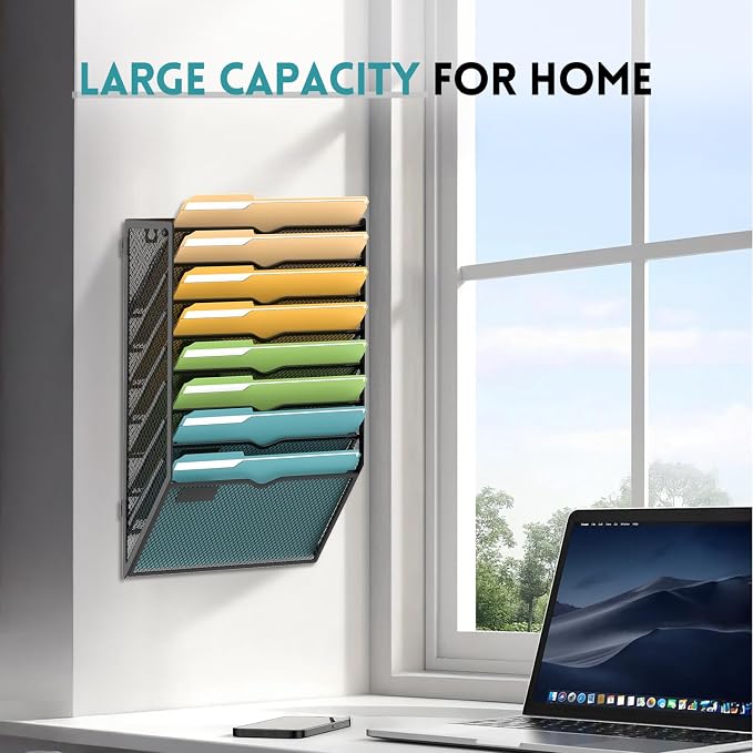 SUPEASY 8 Tier Wall File Organizer, Hanging Wall Mounted Mail Organizer with Label Slots, Metal Mesh File Holder Magazine Rack for Office, Home, School or Classroom, Black