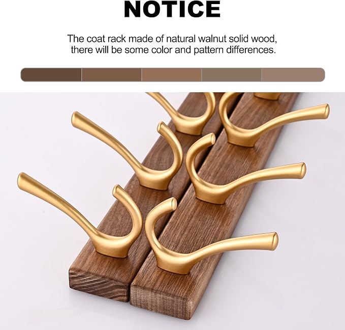 17.3" Small Walnut Wood Coat Rack Wall Mount with 5 Hooks, Heavy Duty Wooden Jacket Hanger Door Mounted for Decorative Entryway Bathroom Hanging Towel Backpack Purse Clothes Hat Key Gold