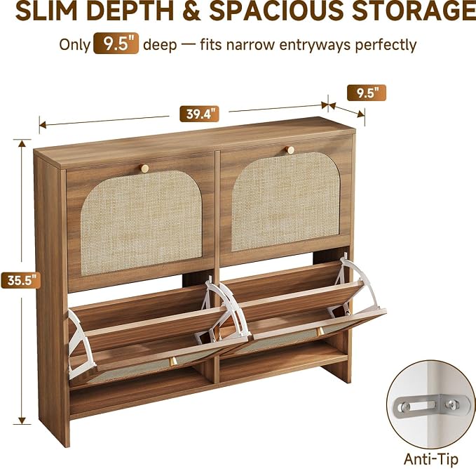 Nicetree Freestanding Ultra Slim Arched Rattan Accent Shoe Storage Cabinet for Entryway - 4 Flip Drawers & 3-Tier Adjustable Shelves, Farmhouse Modern Rustic Shoe Rack for Hallway, Foyer Oak