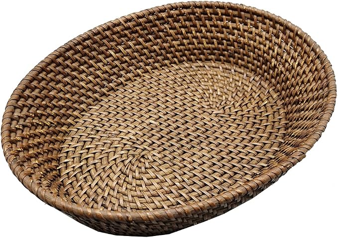 14 Inch Oval Rattan Basket, Handmade Wicker Serving Basket Tray with 3.5 Inch Raised Sides, Large Rattan Fruit Bowl, Coffee Table Décor for Bread, Snack, Makeup, Valet, Odds and Ends, L, Brown