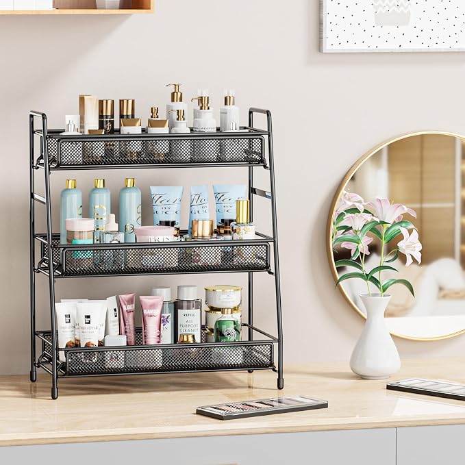 EKNITEY Bathroom Countertop Organizer Rack - 3 Tier Counter Spice Rack | Metal, Non-Slip Base, Makeup Rack, Small Coffee Station Organizer, for Sink Bedroom Kitchen Living room