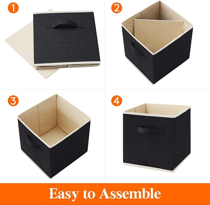 Lifewit Storage Cubes, Foldable Decorative Fabric Storage Baskets for Organizing Home Organizers with Handles for Shelves, Closet, 13 Inch Bins, 36L Black, 6 Packs