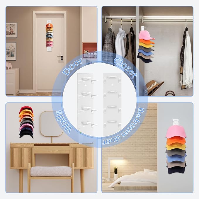 2 Pack Hat Organizer For Baseball Caps, White Hat Rack for Wall | Thick ABS Plastic, Hold up to 18 Hats, Adhesive Or Screw, Extended Spaced, Keep Cap Shape, For Doors, Closets, Bedrooms