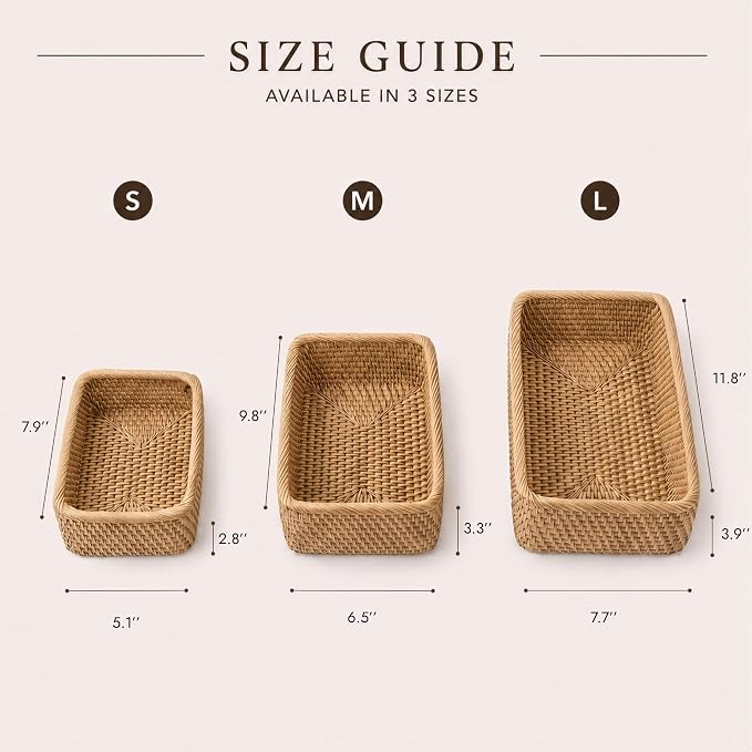 Yangqihome Natural Rattan Storage Baskets, Rectangular Woven Fruit Baskets, Decorative Wicker Basket Large Baskets for Organizing (L)