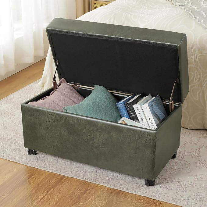 32" Faux Suede Storage Ottoman Bench with Wheel, Rectangle Foot Rest Stool for Living Room, Bedroom, Entryway,Moss Green