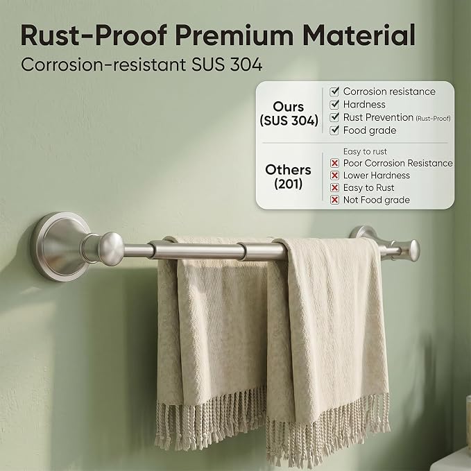 BESy Towel Racks for Bathroom Wall Mounted Bath Towel Bar Brushed Nickel | Adjustable 16-26 In, Wall Mounted Towel Holder, Stainless Steel, Rustproof, Towel Bar Rod Hanger Hardware Accessories Hotel