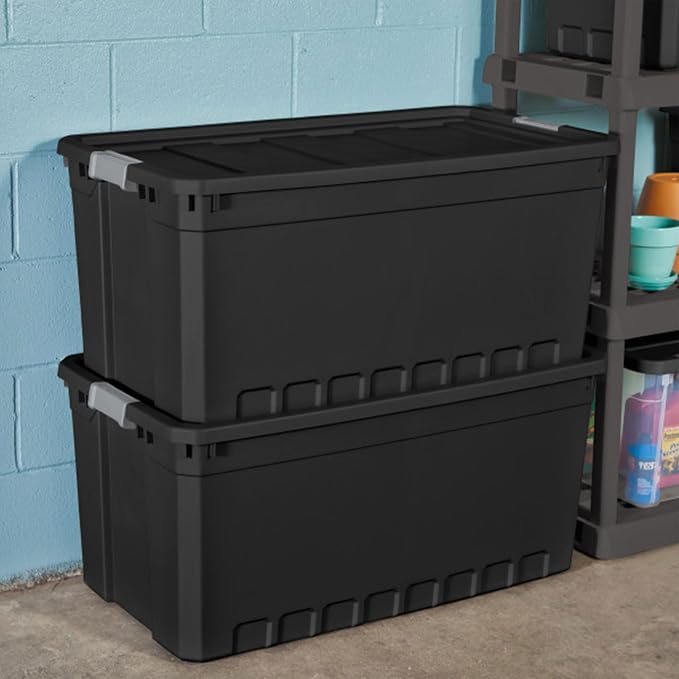 Sterilite 9-Pack Plastic Storage Bins with Lids, Stackable Containers, 50 Gallon, Black