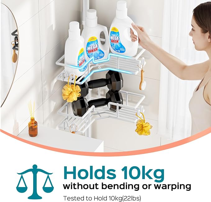 HAMITOR Corner Shower Organizer, 4-Tier Tension Pole Caddy with Hook, White | Rustproof Large Capacity Bathroom Essentials, No Drilling. Heavy Duty, Adjustable For Family, Apartment, Dorm 47.72-123.6in