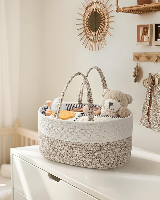 Maliton Baby Diaper Caddy Organizer, X-Large Cotton Rope, Rustic Style, Portable, 3 Compartments, A-Brown