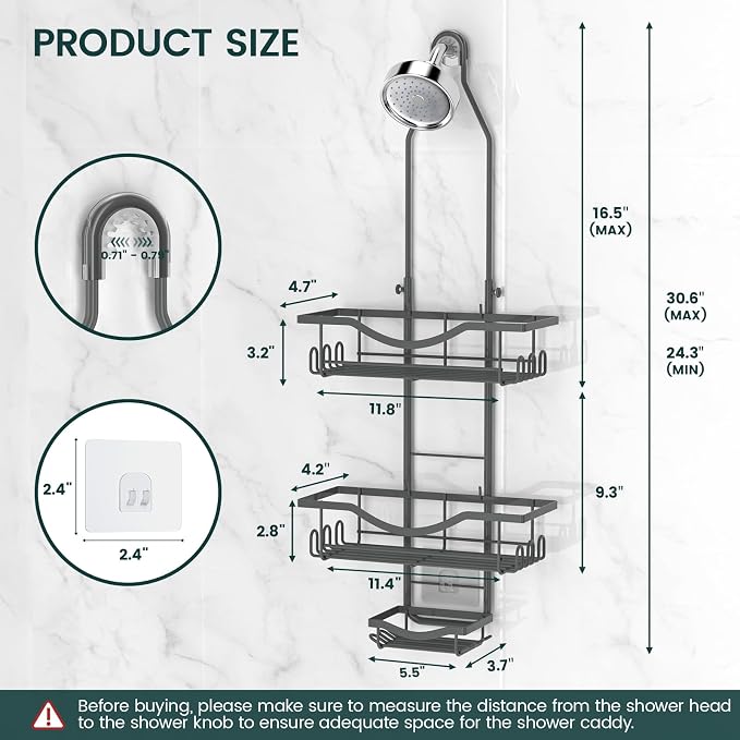 REINHARDT Shower Caddy Hanging Adjustable, Extended Length Rustproof Shower Caddy Over Shower Head with Hooks Soap Holder, Large Capacity Shower Organizer Anti-Swing Bathroom Organizer, Grey | Shower Caddy Over Showerhead, Extra Long, No Drilling, Anti...