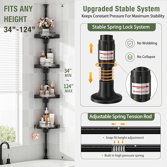 360° Rotating Corner Shower Caddy Tension Pole Organizer (Black) | 4-Tier rotating shelves with hooks, adjustable tray height, upgraded rustproof metal pole, removable trays for shower storage