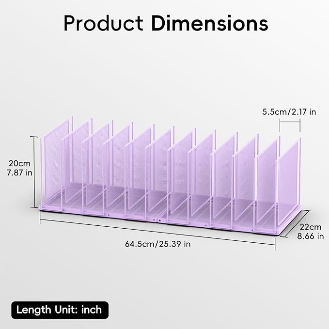 File Organizer for Desk, 11-Section Vertical File Sorter, Paper Holder Organizer Standing Metal File Folder for Office Home Classroom, Purple