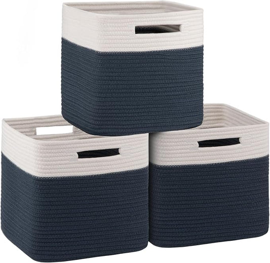 OIAHOMY Cube Storage Basket, 3-Pack Woven Cotton Rope Baskets for Storage, 11-Inch Cube Basket with Handles, Great for Shelves, Closets, Children's Toy Storage and Organization-White & Blue
