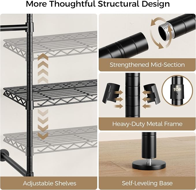 Closet Organizers and Storage, 5-Row Heavy Duty Clothes Rack for Hanging Clothes, Wall Mounted Closet System with 4 Telescopic Rods, 3 Fixed Rods, 6 Hooks, 8 Shelves for Wardrobe, Bedroom, Small Space