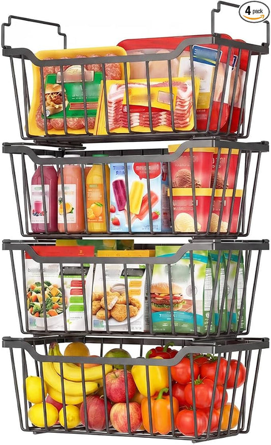 Goovilla Freezer Organizer Bins for 5-7 Cu.FT Chest Freezer, 4 Pack Black | Foldable Handle Stackable Freezer Baskets, Coated Metal Freezer Storage Bins with Better Space Utilization, Deep Organization