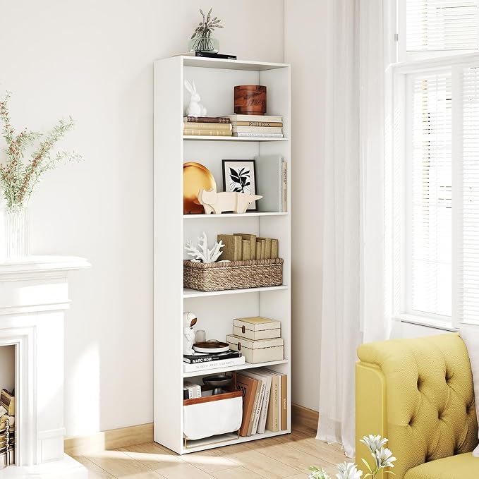 Giantex 5-Tier Bookshelf, Freestanding Tall Bookcase with 5 Open Compartments, Modern Storage Organizer, Display Shelving Unit for Living Room, Bedroom, Home Office, White