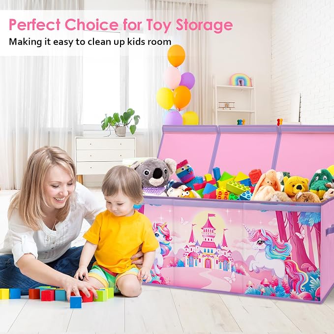 Large Toy Box Collapsible Chest Organizer with Flip Lid for Kids | Oxford Storage Box with Handle for Boy Girl Sturdy Waterproof Organizing Decor for Bedroom Playroom Nursery 37.7×12.5×15.7''