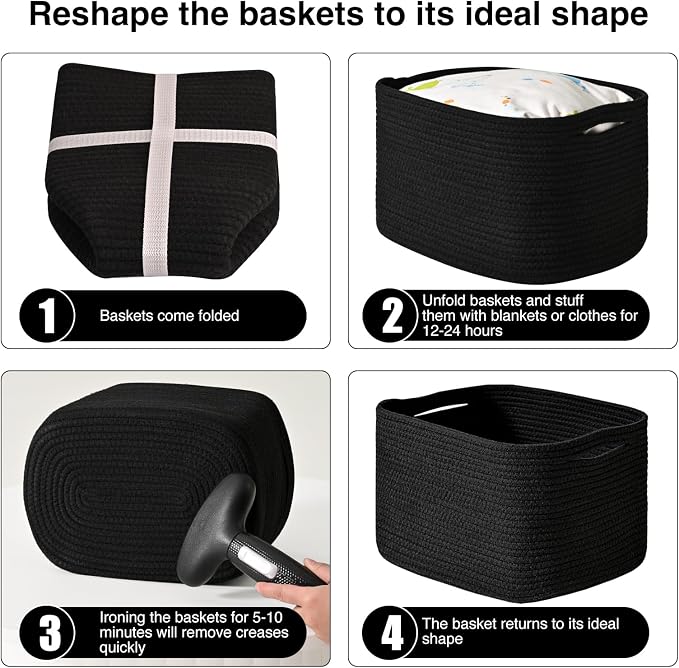 ICERZCZ Black Storage Baskets for Shelves, Small Storage Baskets for Organizing, Woven Cotton Rope Baskets for Storage, Book Basket, Decorative Shelf Basket, 12.5"Lx9.1''Wx7.9''H (4 Packs) Black