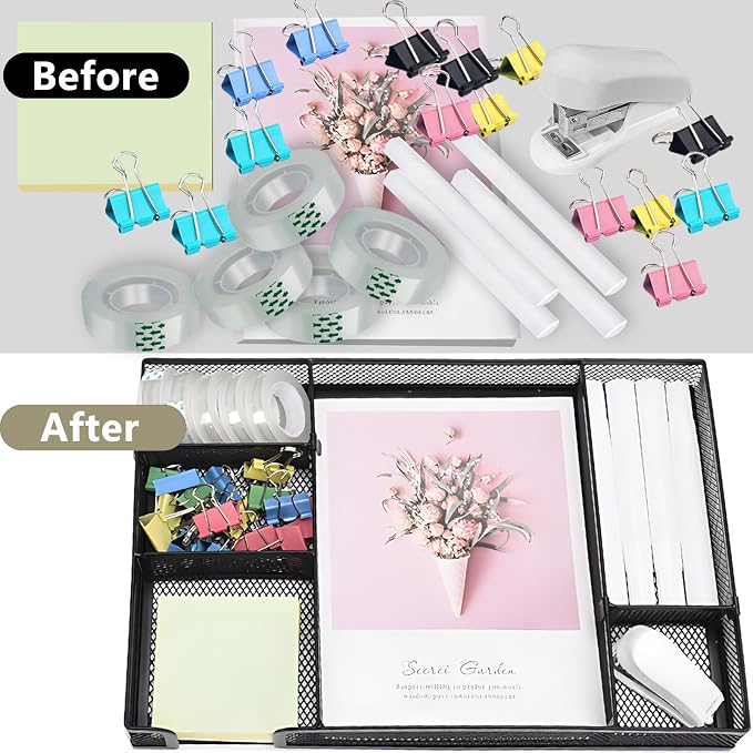 Black Desk Organizer Set, Office Supplies with Stapler and Tape Dispenser | Includes Desk Drawer Organizer,Tape, Staples, Staple Remover, Paper Clips, Scissors and Sticky Notes for a Neat Workspace