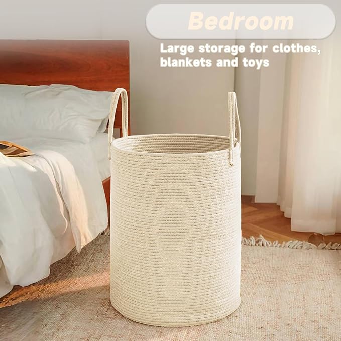 JMvicyroam 80L Cotton Rope Laundry Basket Hamper, Beige | Collapsible laundry basket, reinforced handles, freestanding, machine washable, holds 3-5 thick blankets, clothes or toys
