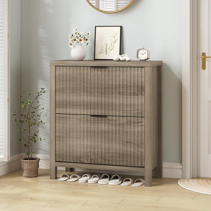Fluted Shoe Cabinet Storage with 2 Flip Drawers for Entryway, Hallway | Narrow Shoe Rack Freestanding Shoe Organizer with Legs for Entryway，Hallway, Grey