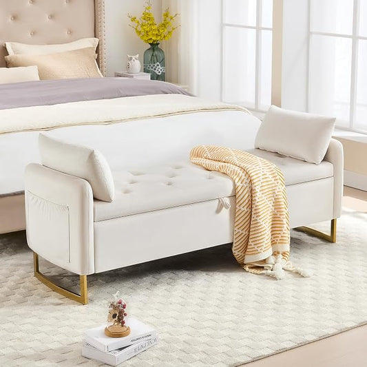 65" End of Bed Storage Bench, Velvet Storage Bench for Bedroom, Bed Bench with Storage, Tufted Upholstered and Gold Legs, Bedroom Benches with Arms for Living Room Window and Entryway Beige