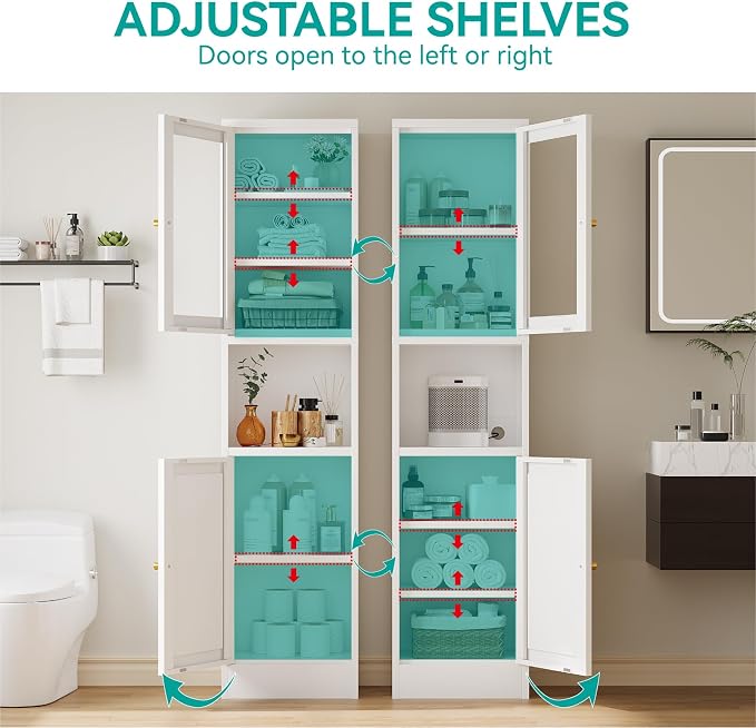 67" Tall Narrow Storage Cabinet with Glass Door and Open Shelf,Metal Pantry Cabinet with Adjustable Shelves,Shaker Style Slim Cabinet for Bathroom Kitchen Small Spaces, White, 1Pc