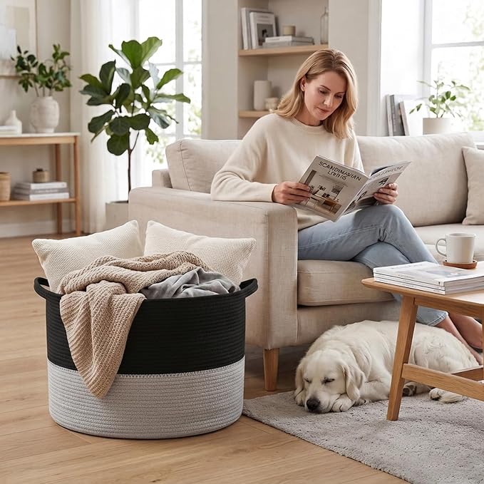 65L Large Blanket Basket,Woven Laundry Basket-Black&Light Grey | Collapsible, reinforced handles, nursery storage bin organizes clothes, toys and pillows for living room, bedroom bathroom