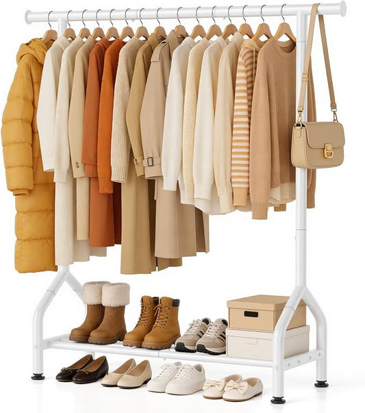 EAGMAK Sturdy Clothing Racks with Shelf, Metal Clothes Rack with Leveling Feet for Hanging Clothes, Freestanding Garment Coat Rack for Bedroom, Apartment & Small Spaces, White