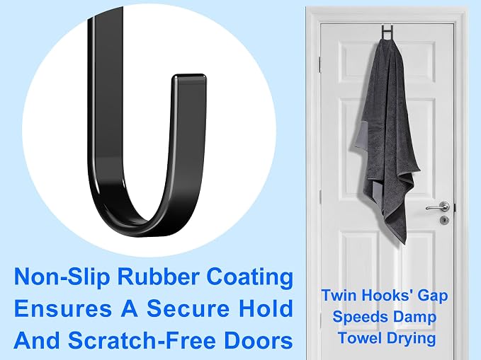 Double Over Door Steel Hooks 2 Pack Fit 1-3/8" Door 5.5" Black | Plastic Coated Rubber Feel Towel Rack Robe Coat Shoe Wreath Hanger No Damage No Scratch for Bathroom Heavy Duty Thin Top
