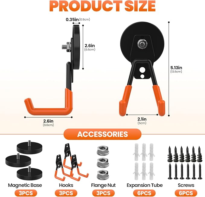 Heavy Duty Magnetic Garage Hook, 3 Pack Extra Large Magnet Hooks, Heavy Duty Storage Magnetic Utility Hooks Large Garage Magnet Hooks for Power Drill, Garden Tools, Hose, Pegboard(Orange)