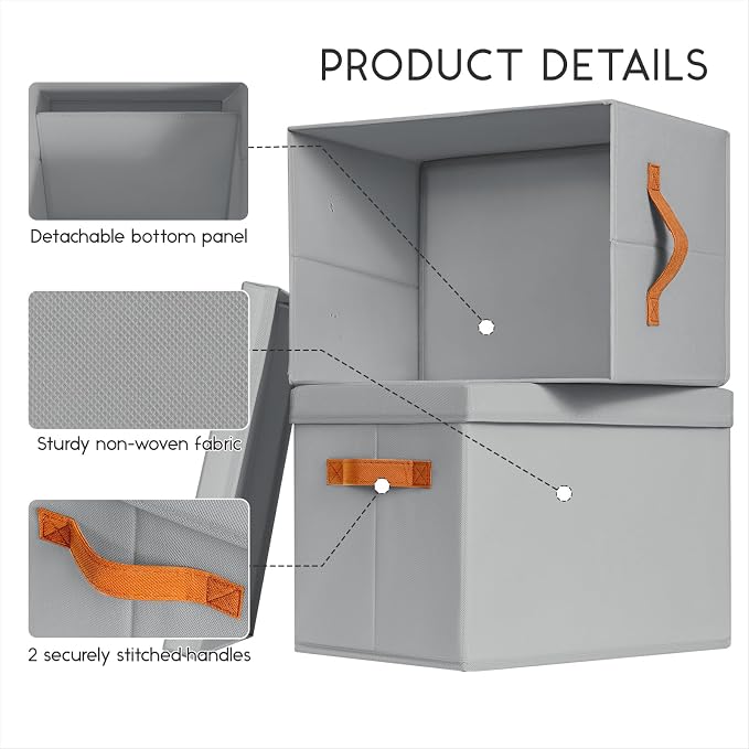 Homsorout Storage Bins with Lids - Large Fabric Closet Bins with Lid, 8 Pack Clothes Organizers and Storage, Collapsible Stackable Cube Basket for Home, Office, Dorm, Grey