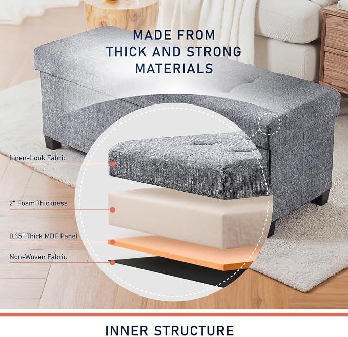 Ornavo Home 43" Large Storage Ottoman Bench with Legs, Gray | Foot Rest Stool; Ottoman with Hidden Storage; Ideal for Bedroom, Living Room, Entryway or Home Office