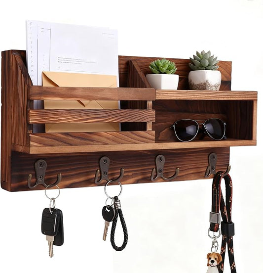 Key and Mail Holder for Wall, Mail Organizer Wall Mount with Shelf, Farmhouse Entryway Organizer for Keys, Wallet, Dog Leash, Sunglass (Brown)