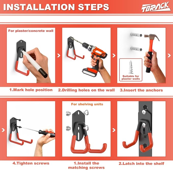 TORACK 15 PCS Garage Storage System Hooks, Shelving Hooks for Keyhole Shelving Units Wall Mount Utility Hooks for Tools, Ladders, Cords, Folding Chairs, Shovels and Rakes(Orange)